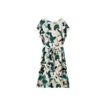 H-YXIANG Short-Sleeved Dresses Women's White Base With Green Ripple Pattern With Belts