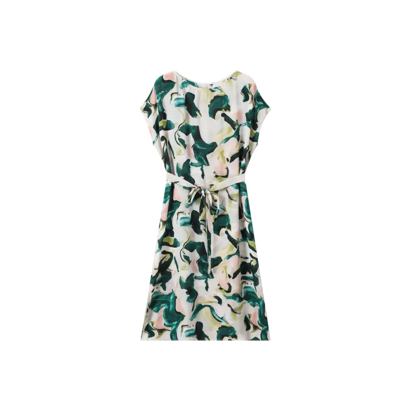 H-YXIANG Short-Sleeved Dresses Women's White Base With Green Ripple Pattern With Belts-0