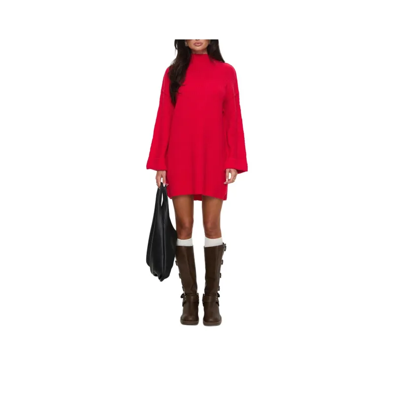 PRINCESS POLLY WESLIE LONG SLEEVE KNIT MINI DRESS Long Sleeved Dress Women's RED/Red-0