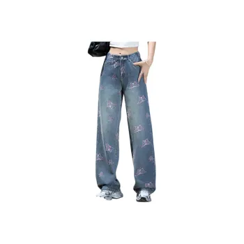 You Cow Me Pants Jeans Women's Blue Background Pink Butterfly