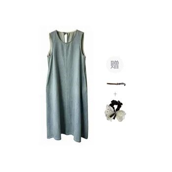 PAVEA Sleeveless Dress Women's Light Blue+Belt+Hair Tie Comes With