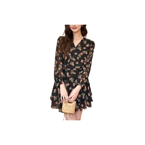 Wbwq Long Sleeved Dresses Women's Black Background Floral