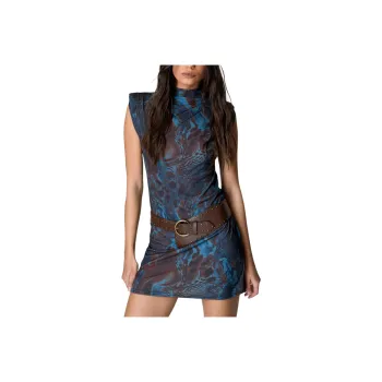 NASTY GAL Printed Slinky Shoulder Pad Mini Dress Sleeveless Dress Women's Blue