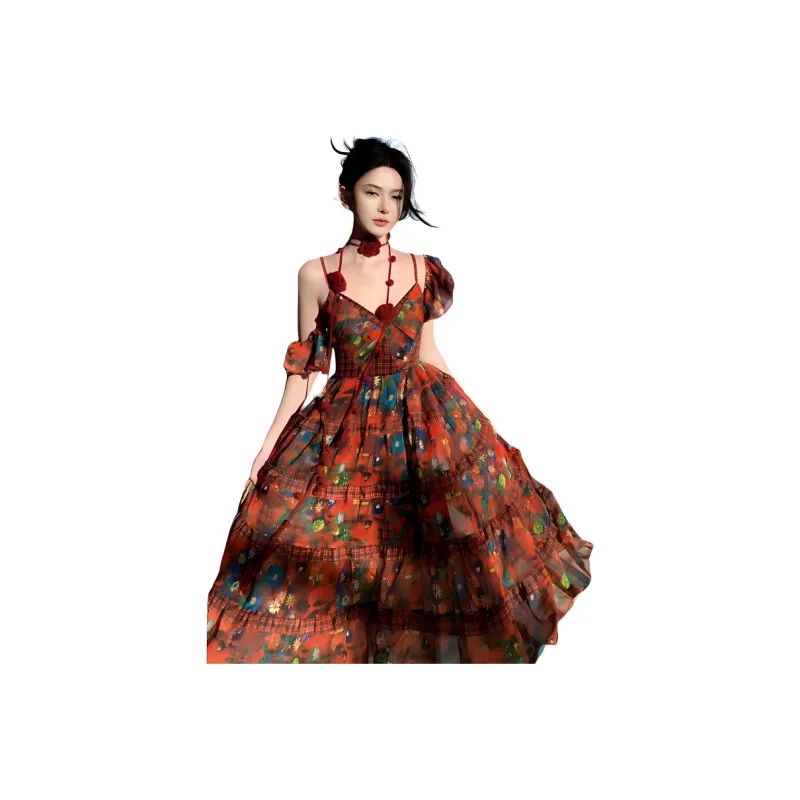 XIANSINIAO Slip Dresses Women's Printed Dress With Sleeve-0
