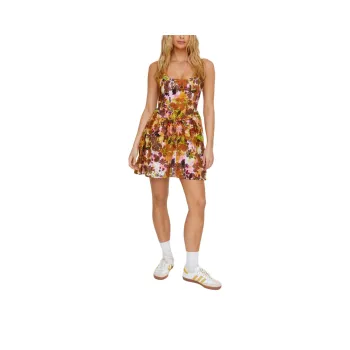 NASTY GAL Grunge Printed Broderie Lace Up Back Skater Dress Slip Dresses Women's Khaki