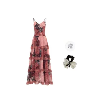 PAVEA Slip Dresses Women's Rose Red Multicolor+Hair Tie Comes With
