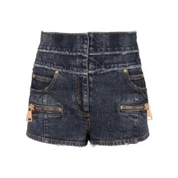 BALMAIN High Waist Faded Denim Mini Shorts