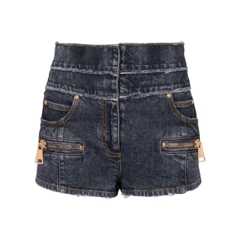 BALMAIN High Waist Faded Denim Mini Shorts-0