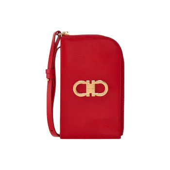 FERRAGAMO GANCINI Cow Leather Cell Phone Pouch Shoulder Bag Crossbody Bag Wallet Women's Red