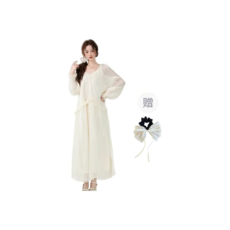 TUSHIFEI Long Sleeved Dress Women's Image Color+Bowknot Hair Tie Comes With-0