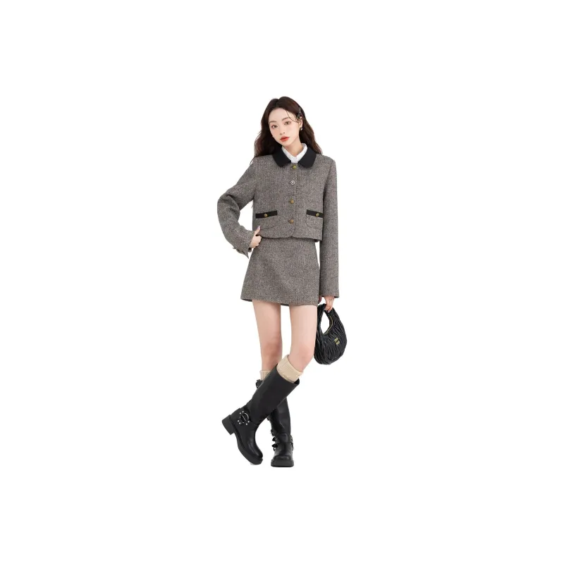OYANXI Color Blocking Lapel Top Solid Color Skirt Women's Heather Gray-0