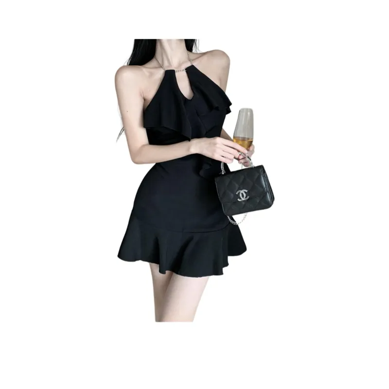 Mu Xiao Xin Slip Dress Women's Black Twisted Fabric-0