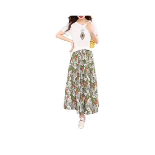 IVENI N ONE Skirt Set Womens Black White Women's White Top+Green Bottom
