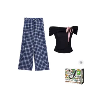 HAPG Casual Suit Women's Black Top Blue Plaid Pants