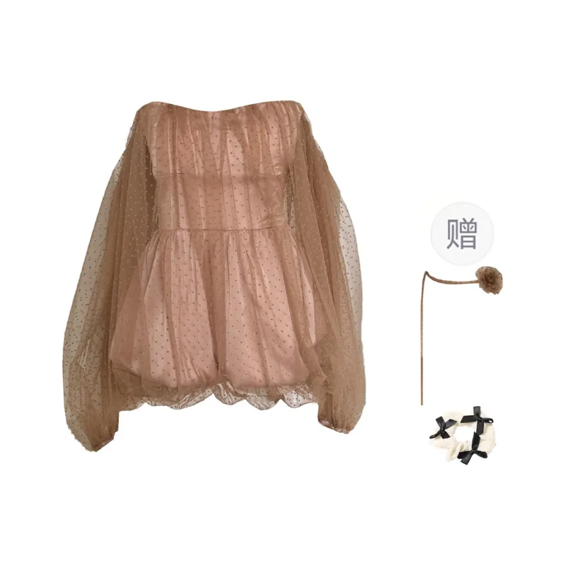 XUOIZA Long Sleeved Dresses Women's Milk Coffee+Lace Up Floral+Bowknot Hair Tie Comes With-0
