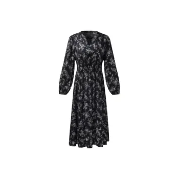 GOELIA Long Sleeved Dress Women's Black Butterfly Dancing Rose Sketch Print