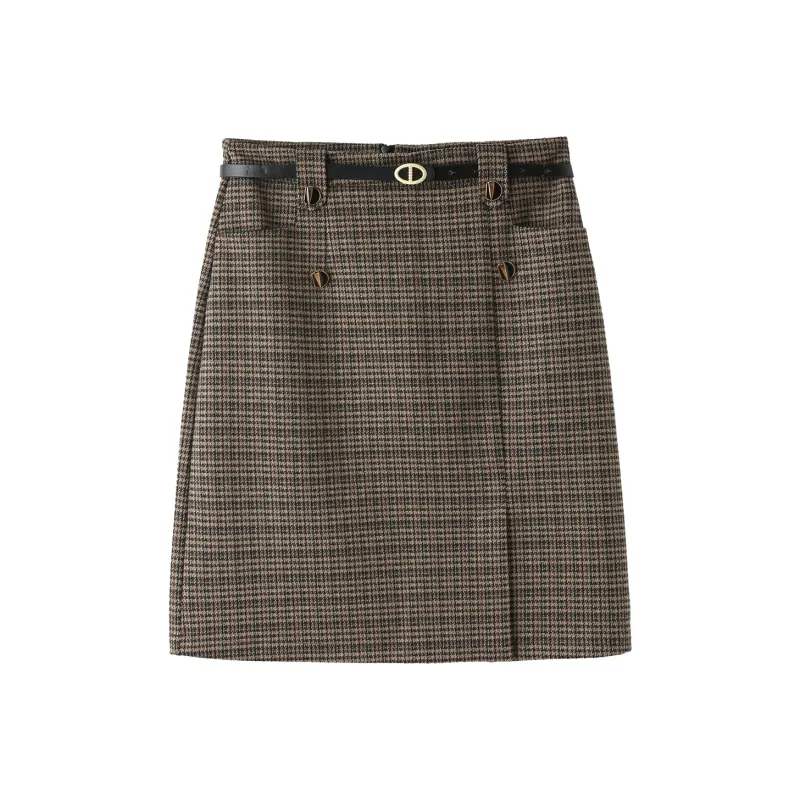H YXIANG Casual Short Skirts Women's Coffee Plaid-0