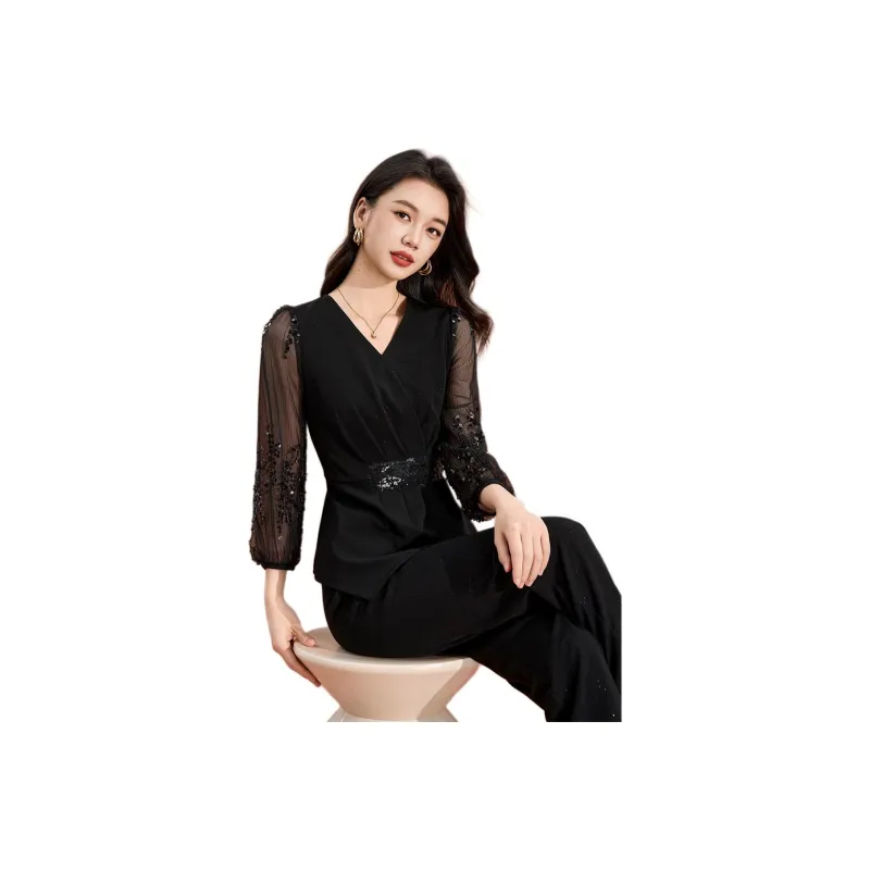 Mylan Spring Fall Casual Suit Cinched Waist Women's Black-0