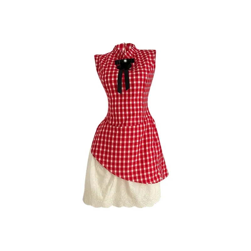 Icicofficial Sleeveless Dress Women's Red Plaid Skirt-0