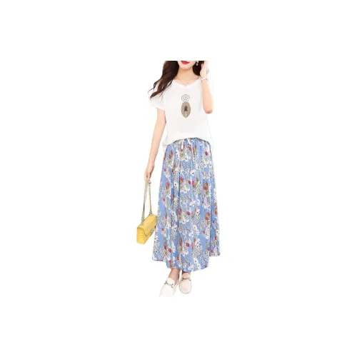 IVENI Skirt Set Women's White Top Blue Bottom
