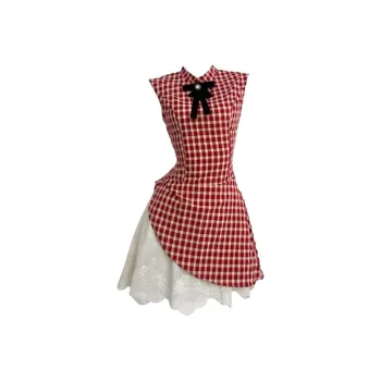 HUINIAN Sleeveless Dress Women's Red Plaid