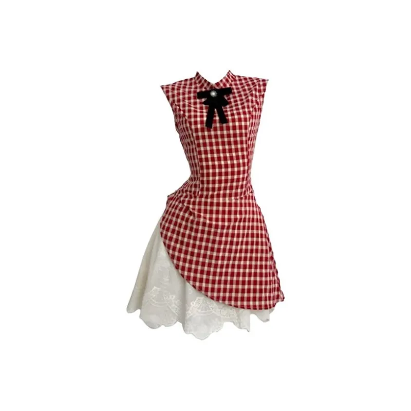 HUINIAN Sleeveless Dress Women's Red Plaid-0