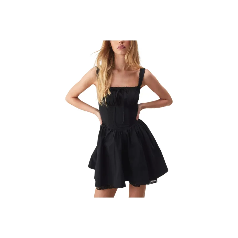 NASTY GAL Corset Lace Trim Skater Mini Dress Slip Dresses Women's Black-0