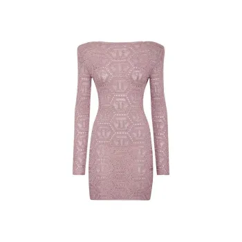PHILIPP PLEIN Lurex Knit Mini Dress Monogram Long Sleeved Dress Women's Rose Pink