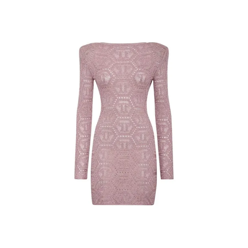 PHILIPP PLEIN Lurex Knit Mini Dress Monogram Long Sleeved Dress Women's Rose Pink-0