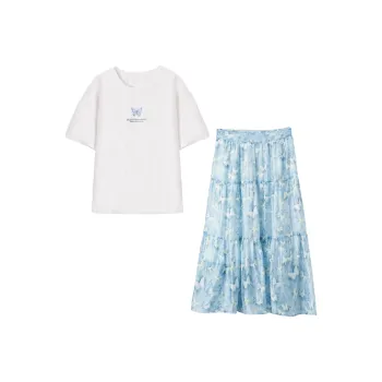 XIANGYING Two Piece Skirt Sets Women's White+Blue