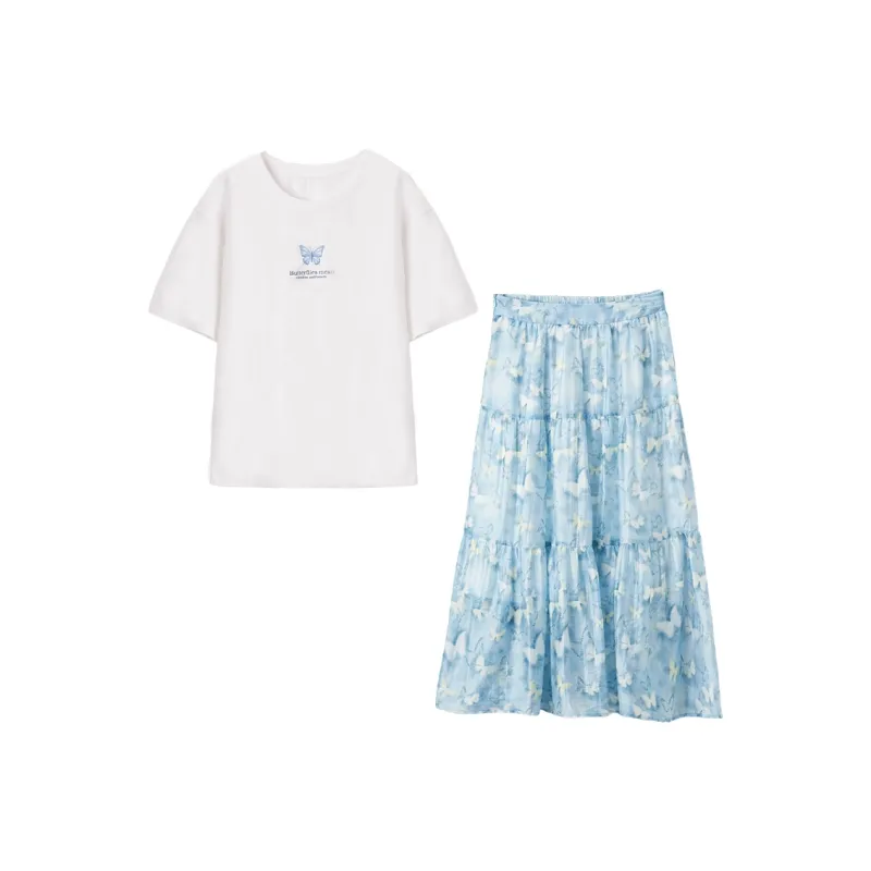 XIANGYING Two Piece Skirt Sets Women's White+Blue-0
