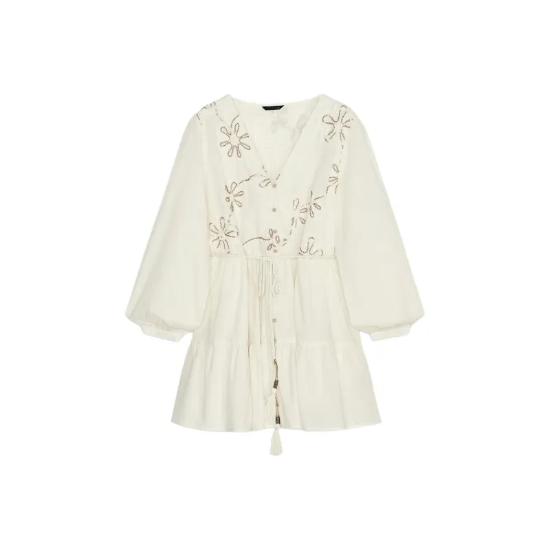 ZARA Long Sleeved Dress Women's Raw White-0