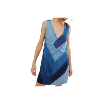 FREE PEOPLE Patches Of Denim Mini Dress Sleeveless Dress Women's Blue Combo/Blue Combo