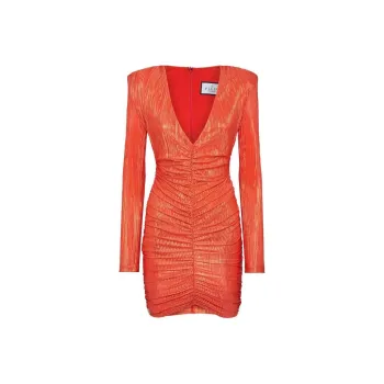 PHILIPP PLEIN Padded Shoulder Plisse Mini Dress Long-Sleeved Dresses Women's Red