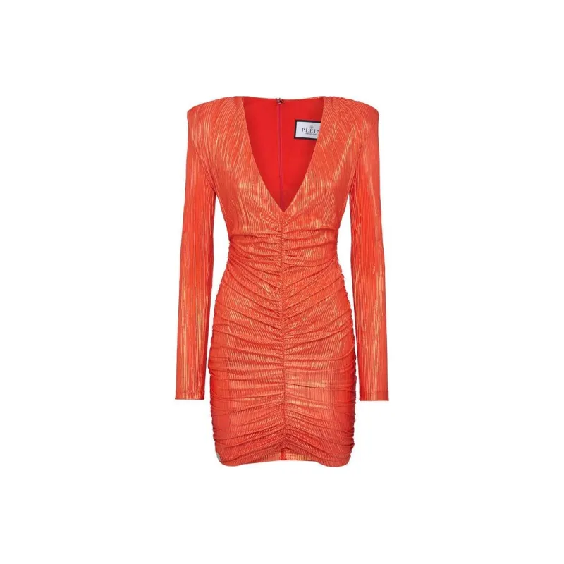 PHILIPP PLEIN Padded Shoulder Plisse Mini Dress Long-Sleeved Dresses Women's Red-0