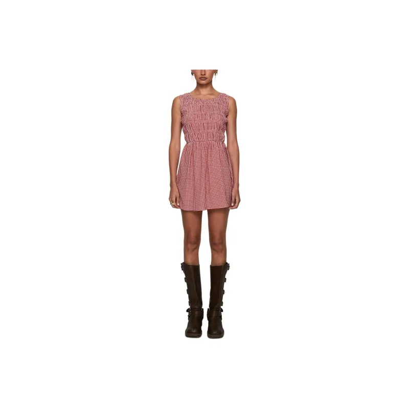 PRINCESS POLLY Winxie Shirred Mini Dress Sleeveless Dress Women's RED GINGHAM/Red Check-0
