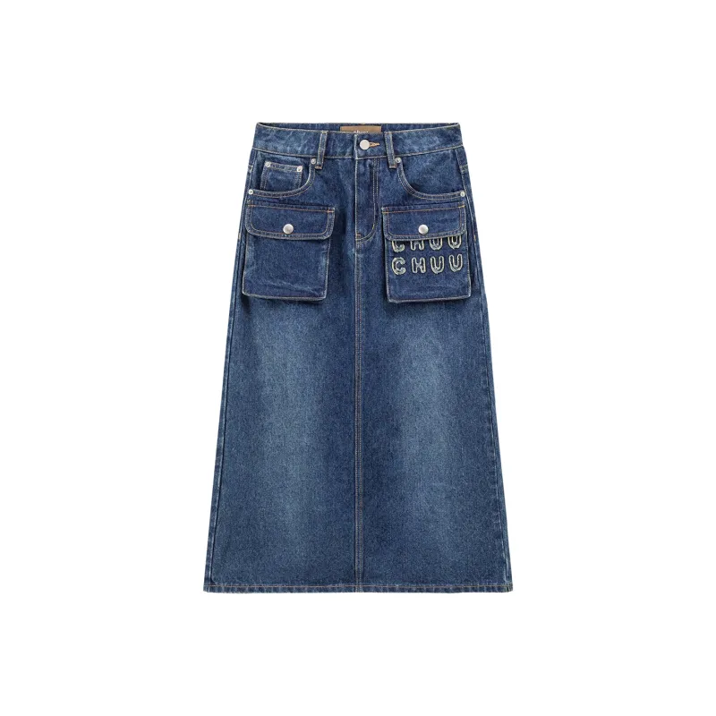 CHUU Casual Long Skirts Women's Denim Blue-0
