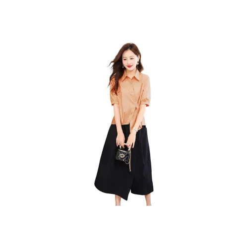 IVENI Skirt Set Women's Top Orange Bottom Black