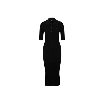HUGO BOSS Button Placket Dress With Double Monogram Long Sleeved Dress Women's Black