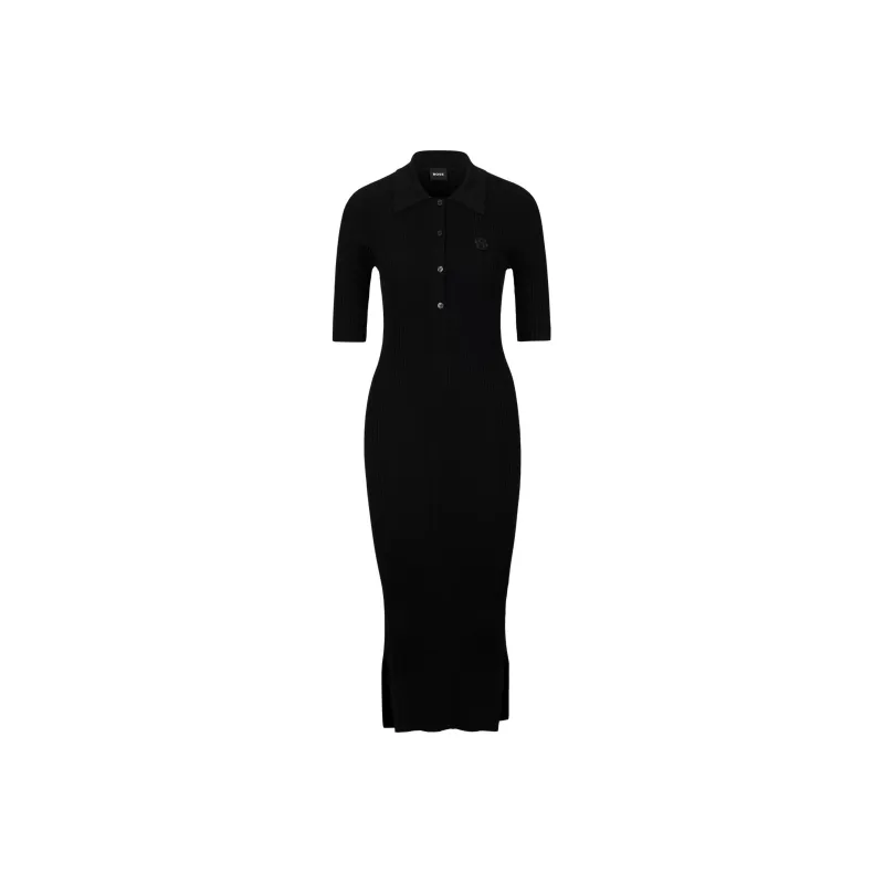 HUGO BOSS Button Placket Dress With Double Monogram Long Sleeved Dress Women's Black-0