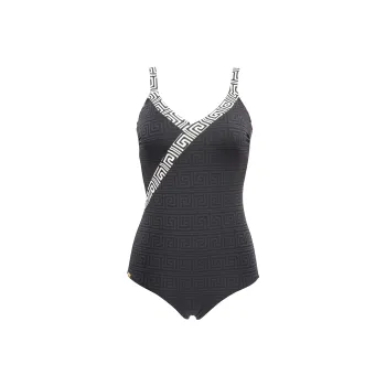 Selmark SS21 Embossed Pattern Low V neck One piece Women's Swimsuit Black