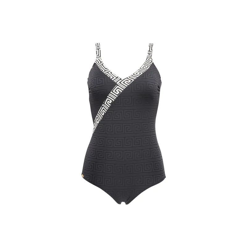 Selmark SS21 Embossed Pattern Low V-neck One-piece Women's Swimsuit Black-0