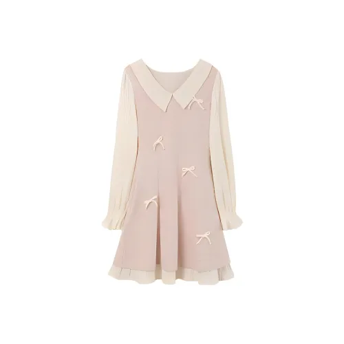CZMO Long Sleeved Dress Women's Pink Mock Two Piece Dress