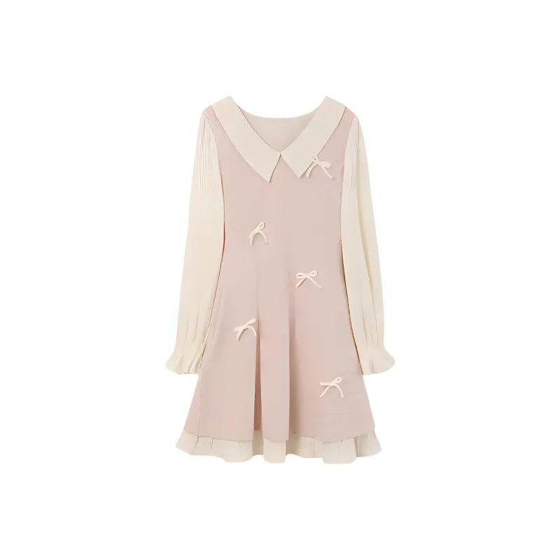 CZMO Long Sleeved Dress Women's Pink Mock Two Piece Dress-0
