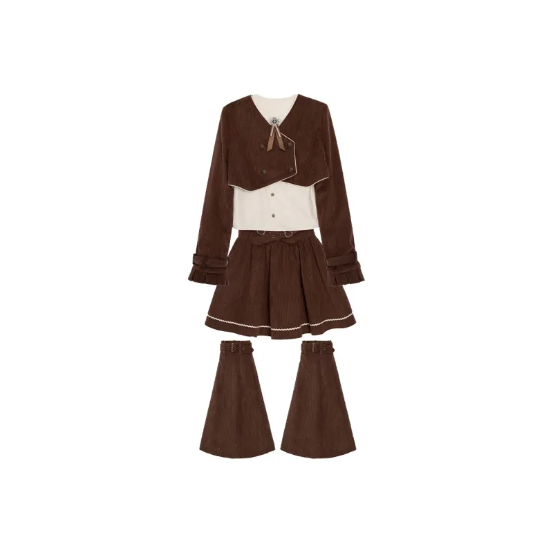 LALAJK Swiss Fall Peter Pan Collar Shirt Skirt Maillard Style Skirt Set Women's-4