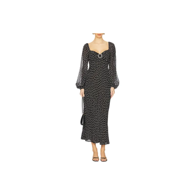 Rixo Spot Printed Sweetheart Neck Midi Dress-0