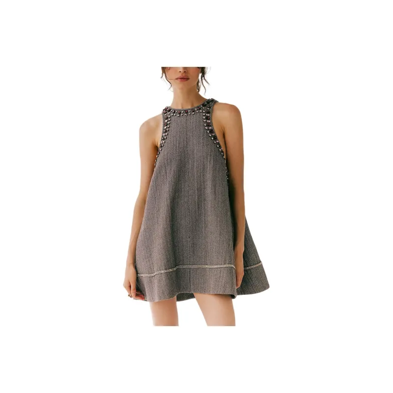 FREE PEOPLE You're A Gem Mini Dress Sleeveless Dress Women's Washed Black Combo/Washed Black Combination-0