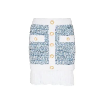 BALMAIN Buttoned Denim Fringed Tweed Mini Skirt