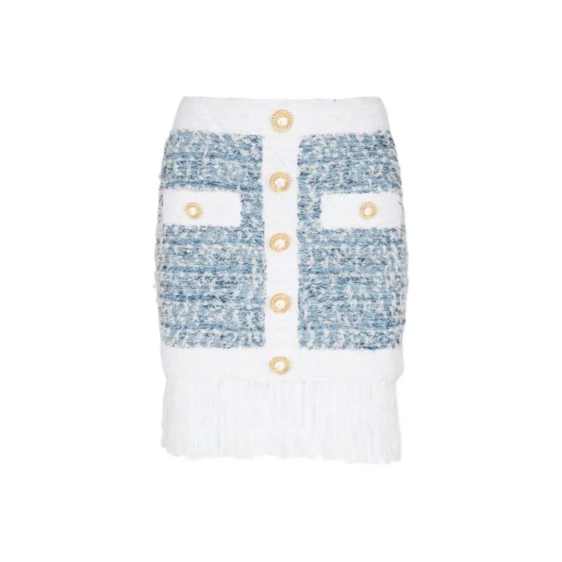BALMAIN Buttoned Denim Fringed Tweed Mini Skirt-0