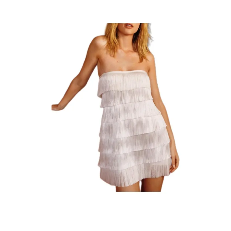 NASTY GAL Petite Fringe Strapless Mini Dress Sleeveless Dress Women's White-0
